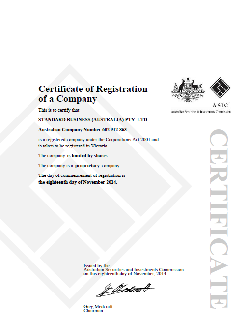 标准澳洲公司证书